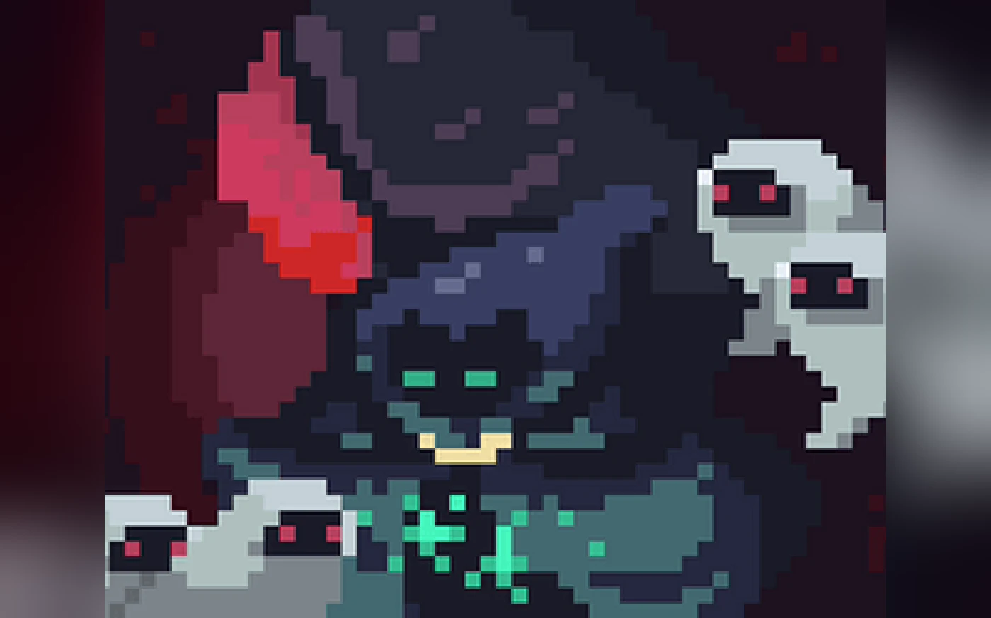Animaspire key art, a dark pixel-art creature with green glowing eyes and pale red-eyed spirits