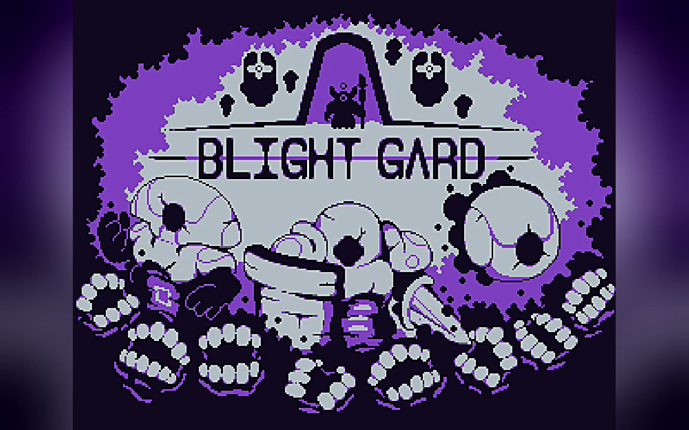Blightgard key art, pixel-art logo with skeletal monsters, purple and grey