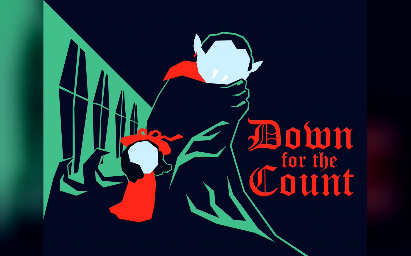 Down for the Count key art, a stylised vampire count in flat green, navy and red