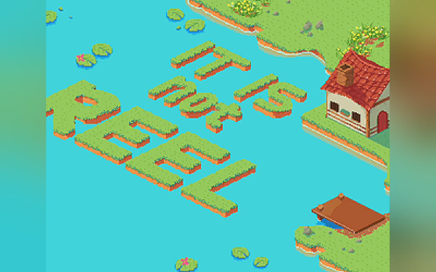 It Is Not Reel key art, an isometric pixel lake with grassy docks spelling the title